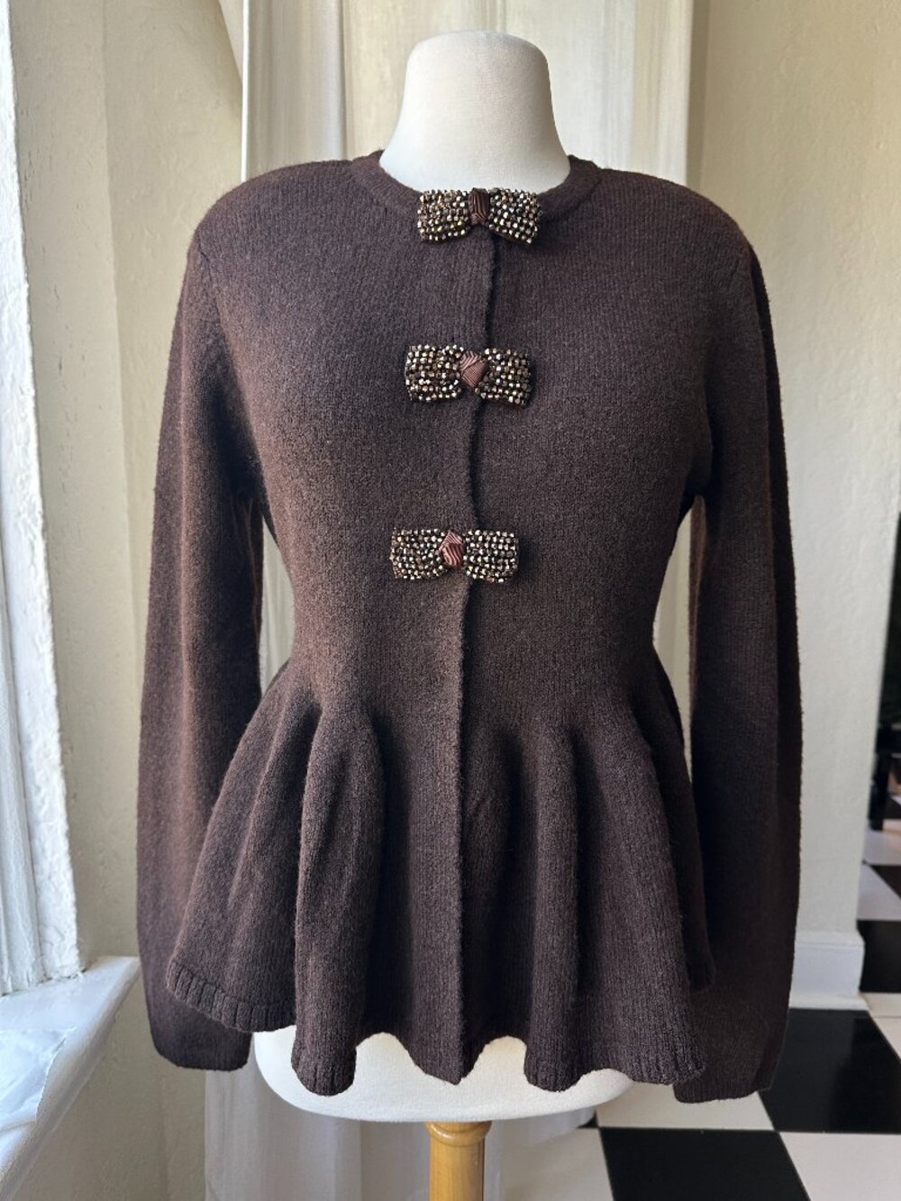 Endless Rose Brown Rhinestone Bow Peplum Knit Cardigan Jacket Size L NWT